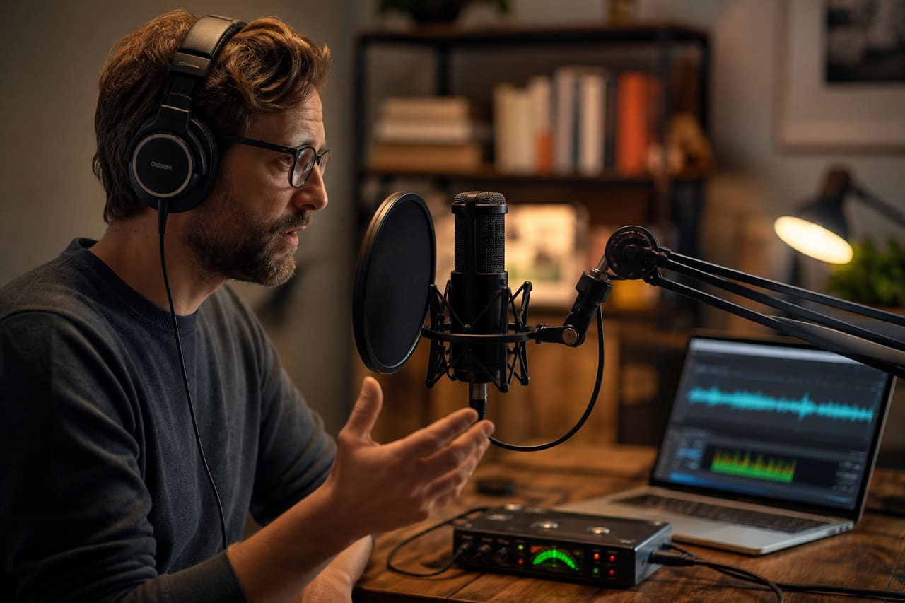 Podcaster Recording an Episode in a Cozy Home Studio