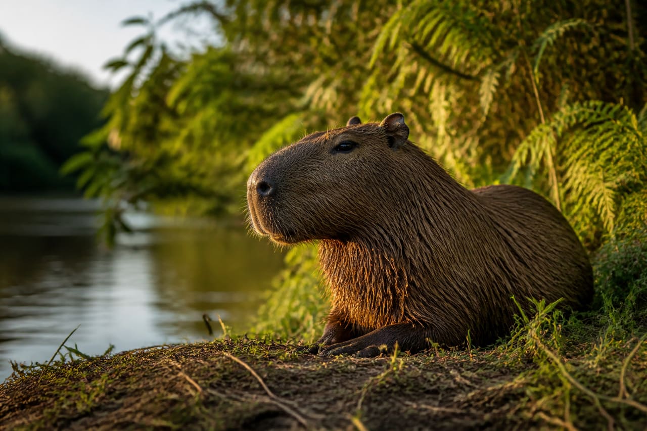 Capybara Resting Near a Tropical Riverbank