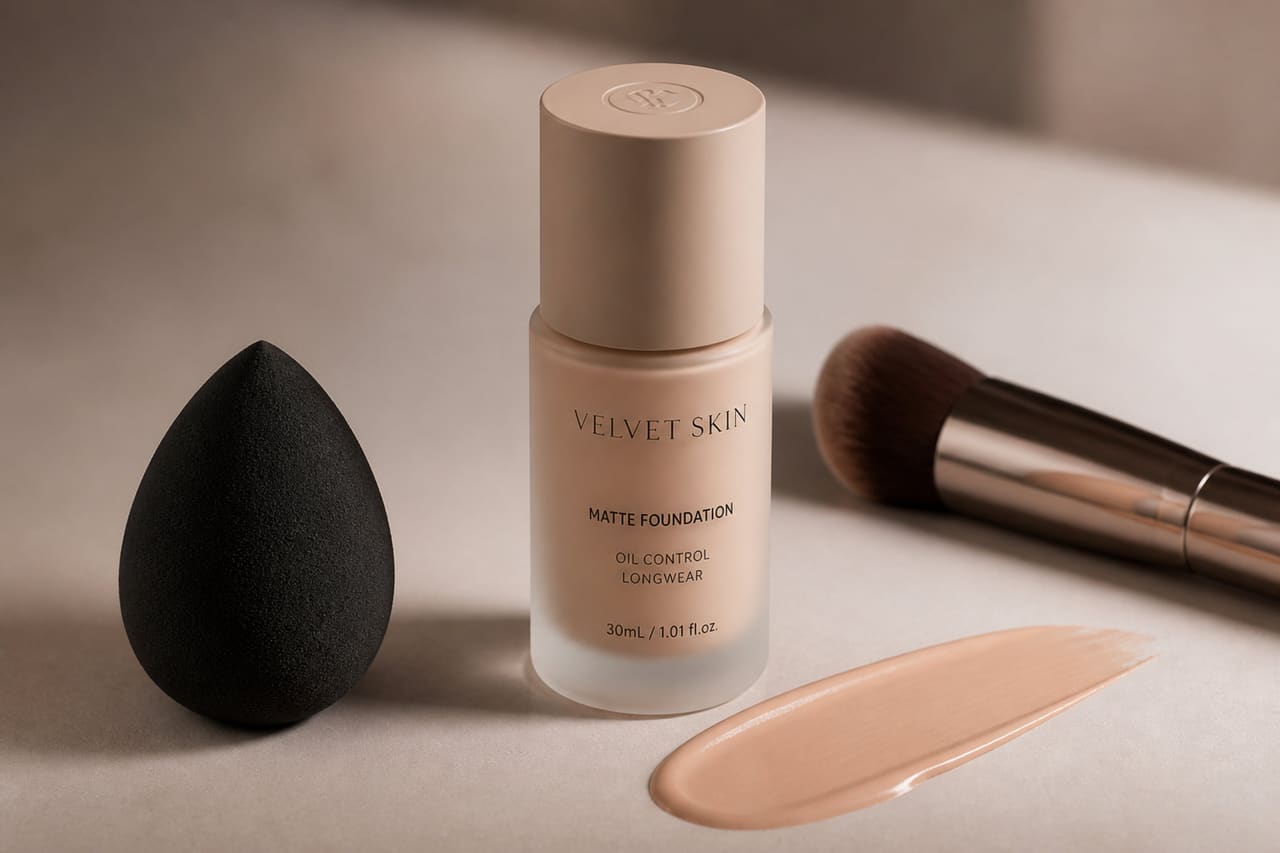 Matte Liquid Foundation and Makeup Tools on Neutral Background