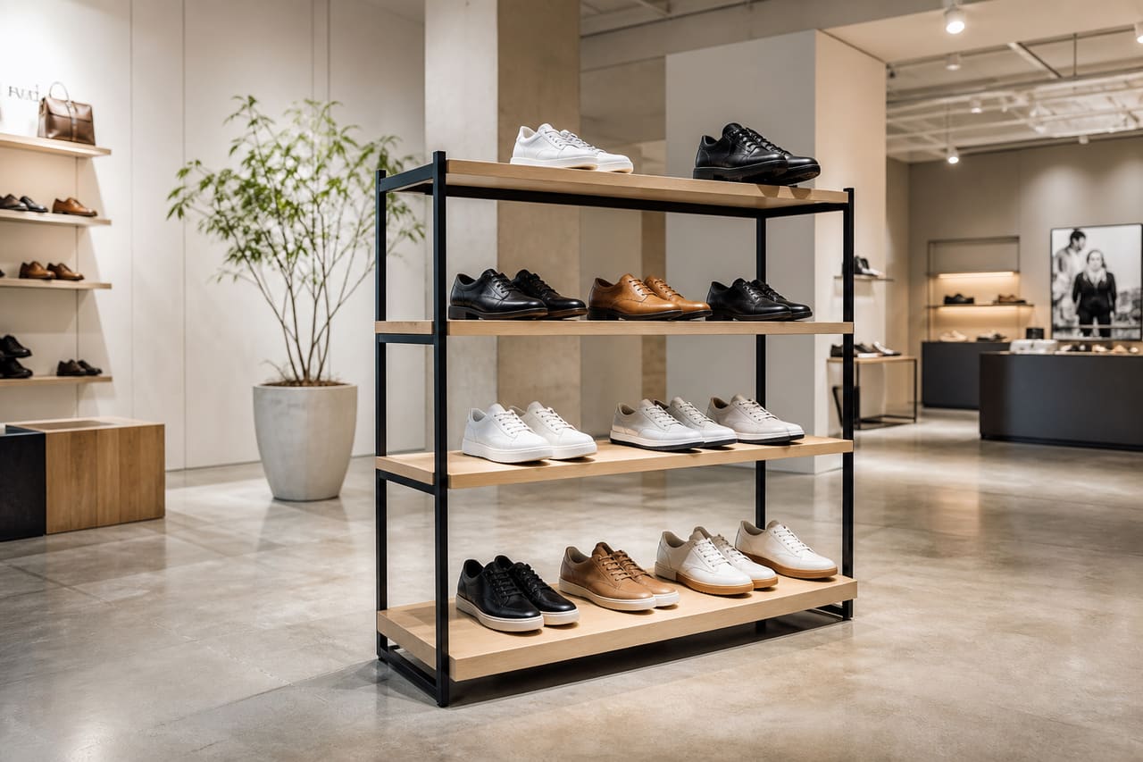 Modern Minimalist Shoes Display Rack Stand in a Bright Boutique