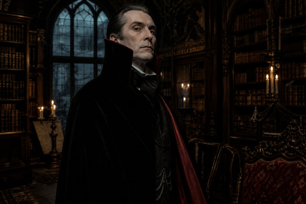 Gothic Vampire in a Dark Castle Library