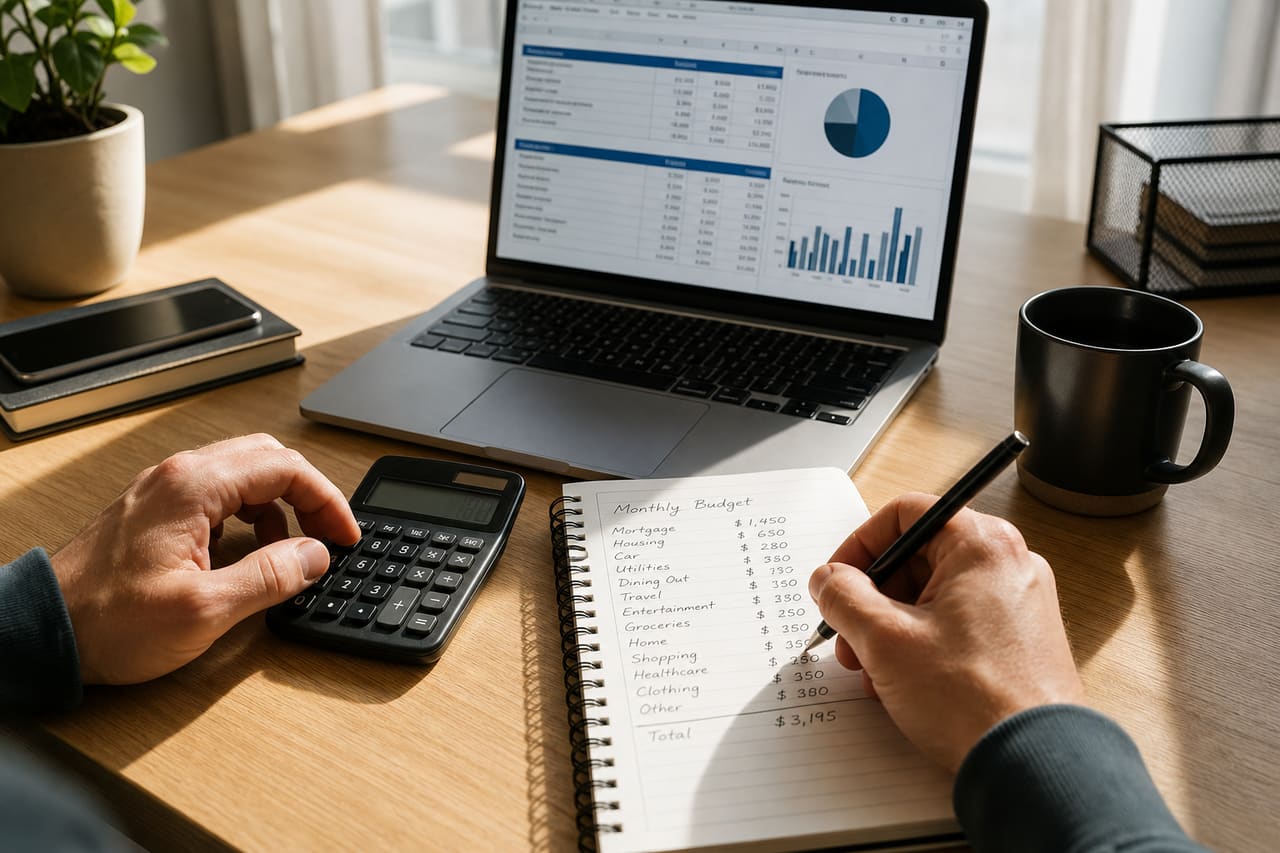 Person Calculating Retirement Savings on a Laptop and Notepad