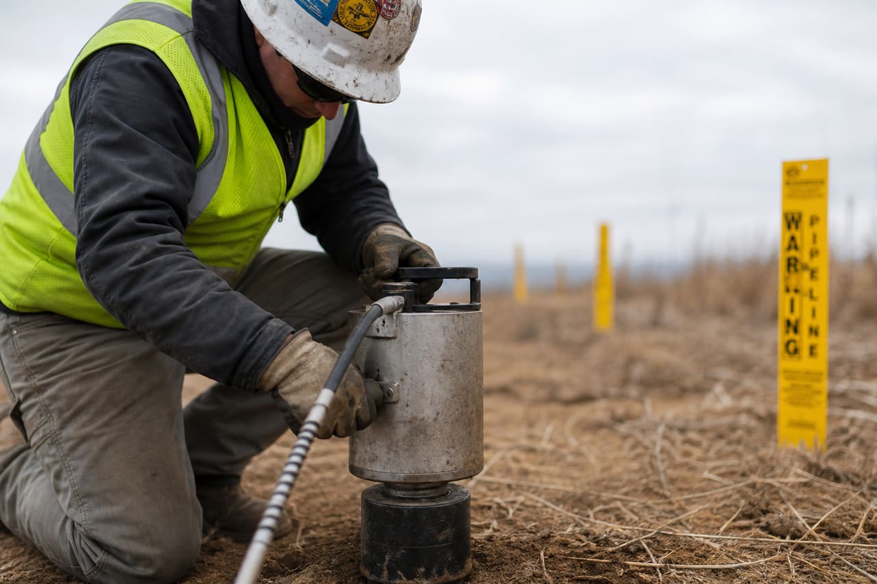 Professional Technician Using Industrial Thumper Tool for Pipeline Inspection