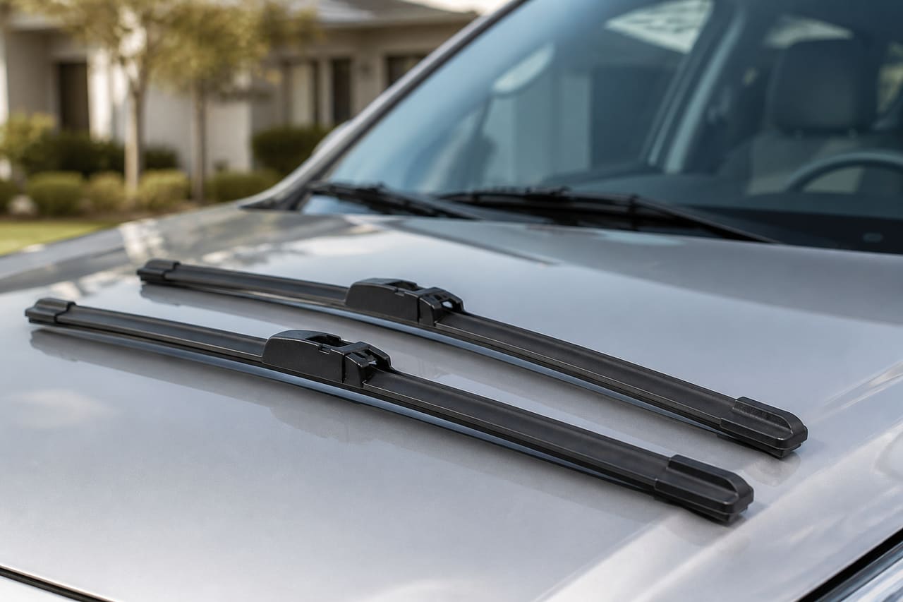 New Wiper Blades Placed Next to a Minivan Windshield