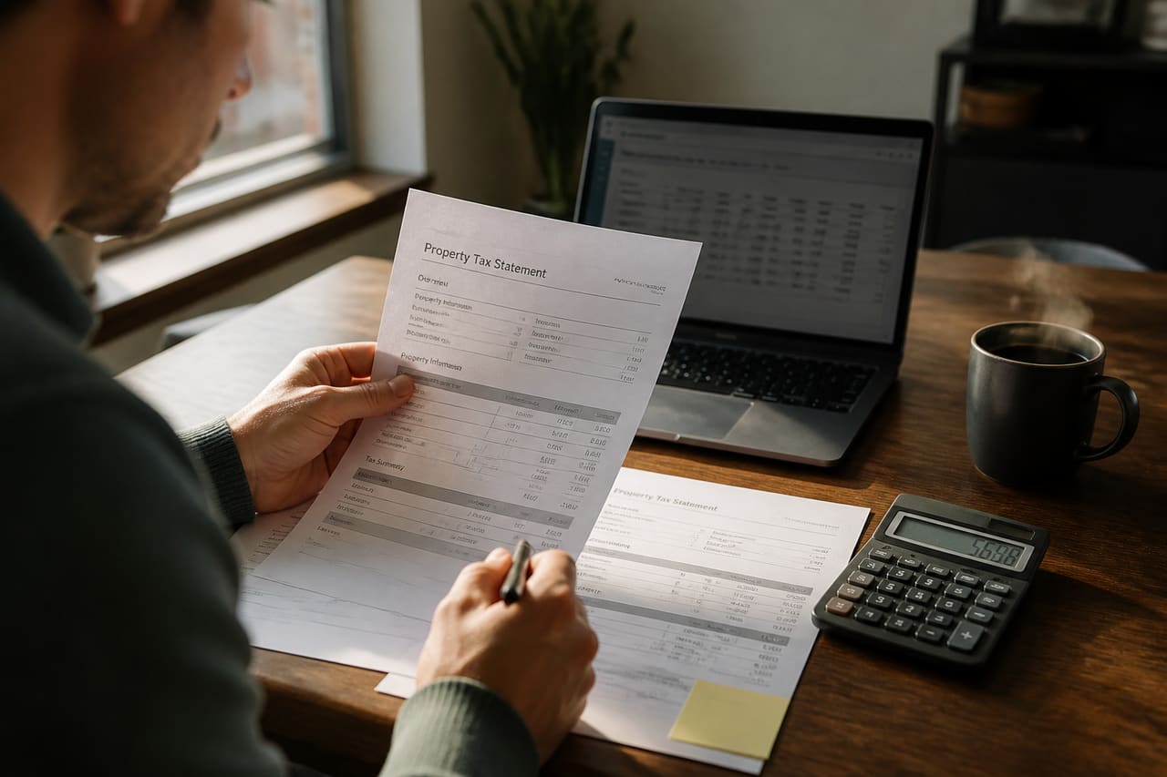 Homeowner Reviewing Property Tax Documents at a Wooden Table