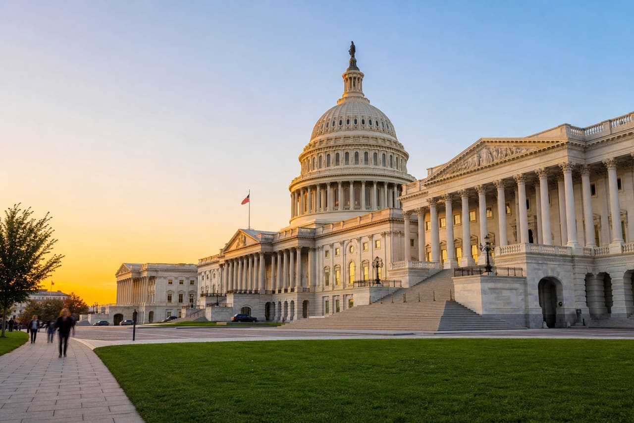 United States Capitol Building Under a Golden Sunset Sky