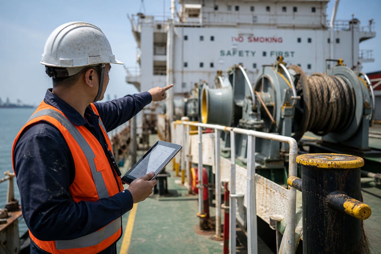 Marine Inspector Reviewing Compliance Standards on Cargo Ship Deck