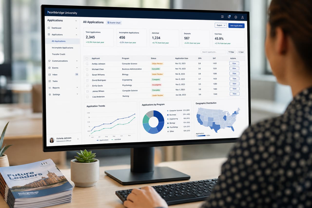 College Admissions Officer Using Slate Software on Desktop Monitor