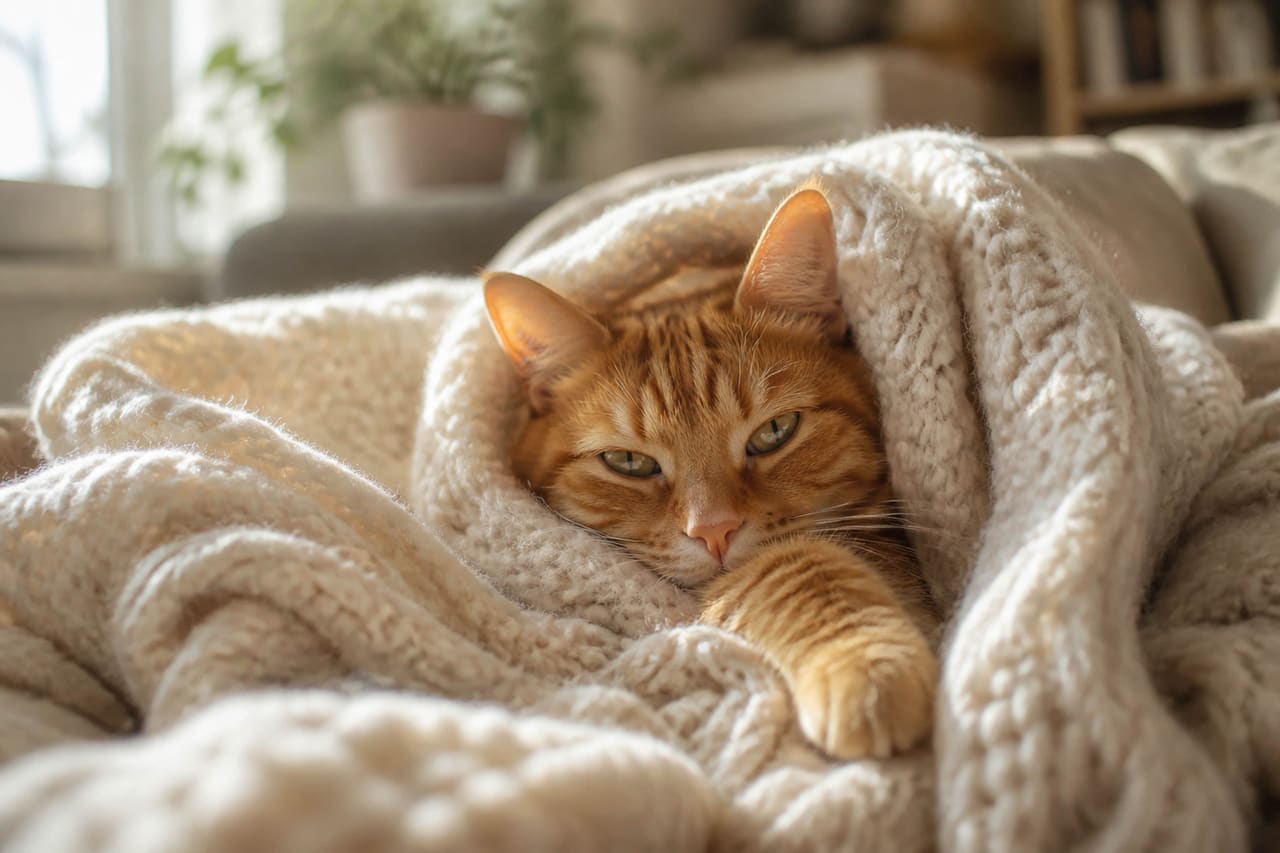Ginger Tabby Cat Curled in a Cozy Knit Blanket