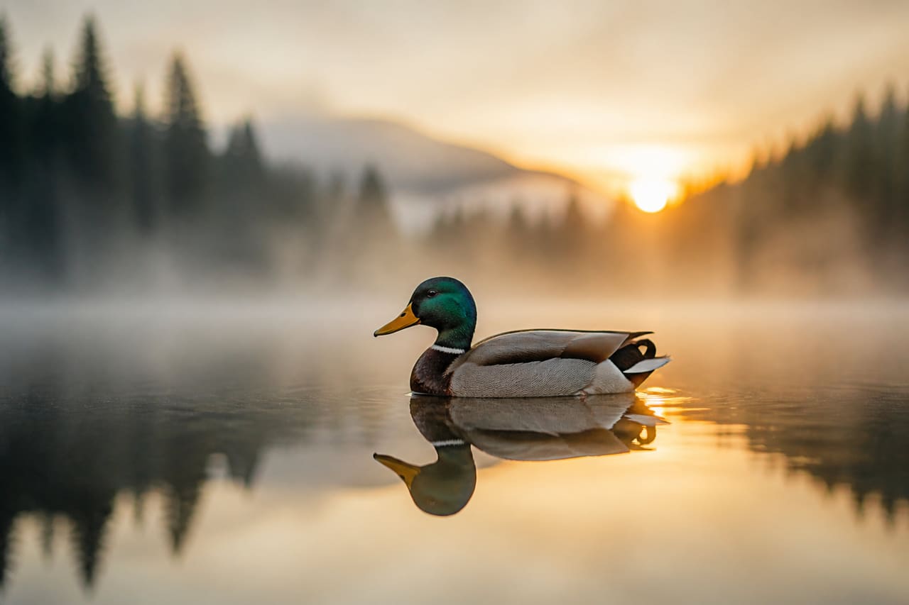 Mallard Duck Reflecting on Still Lake at Sunrise