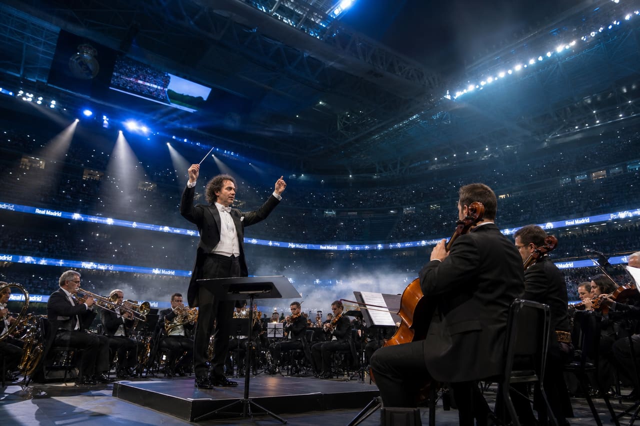 Professional Orchestra Performing an Anthem in a Grand Stadium