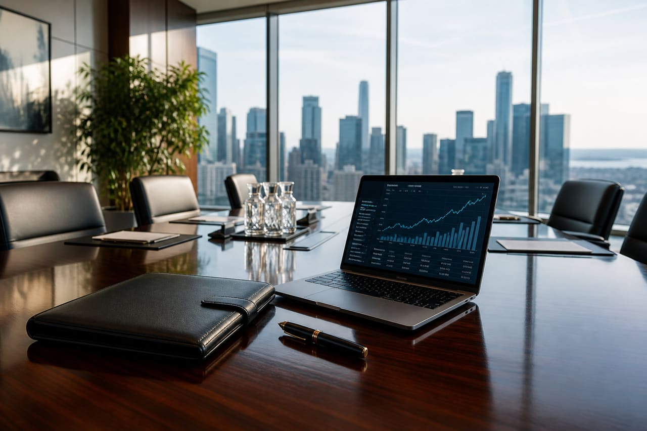 Luxury Corporate Boardroom with City Skyline View
