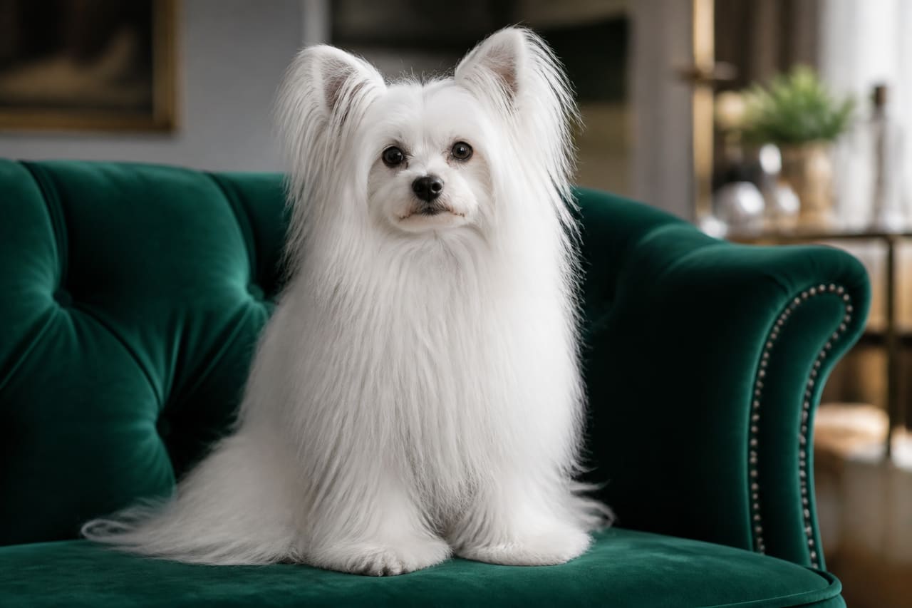Chinese Crested Powderpuff Dog Sitting on a Velvet Sofa
