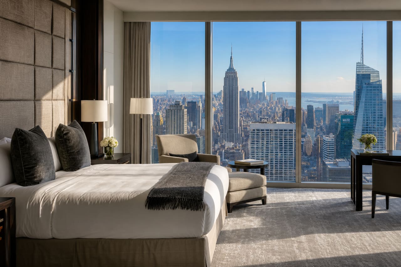 Luxury Hotel Suite Interior with View of New York City Skyline