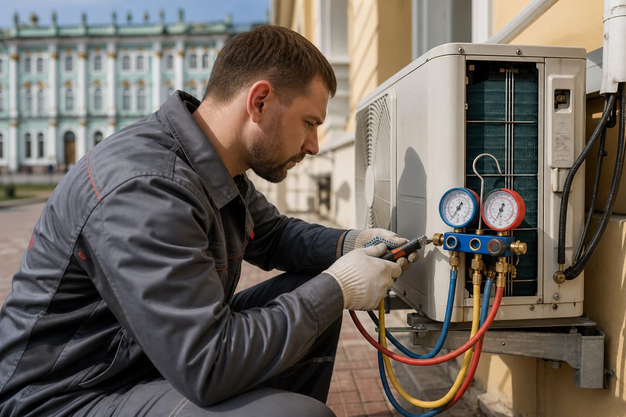 Hvac Technician Repairing an Air Conditioning Unit in St. Petersburg