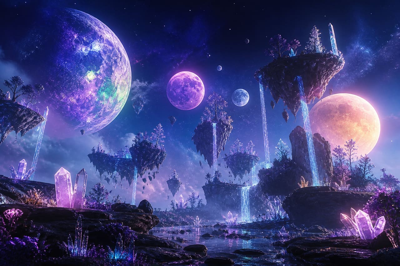 Multiple Glowing Moons Over a Surreal Floating Landscape