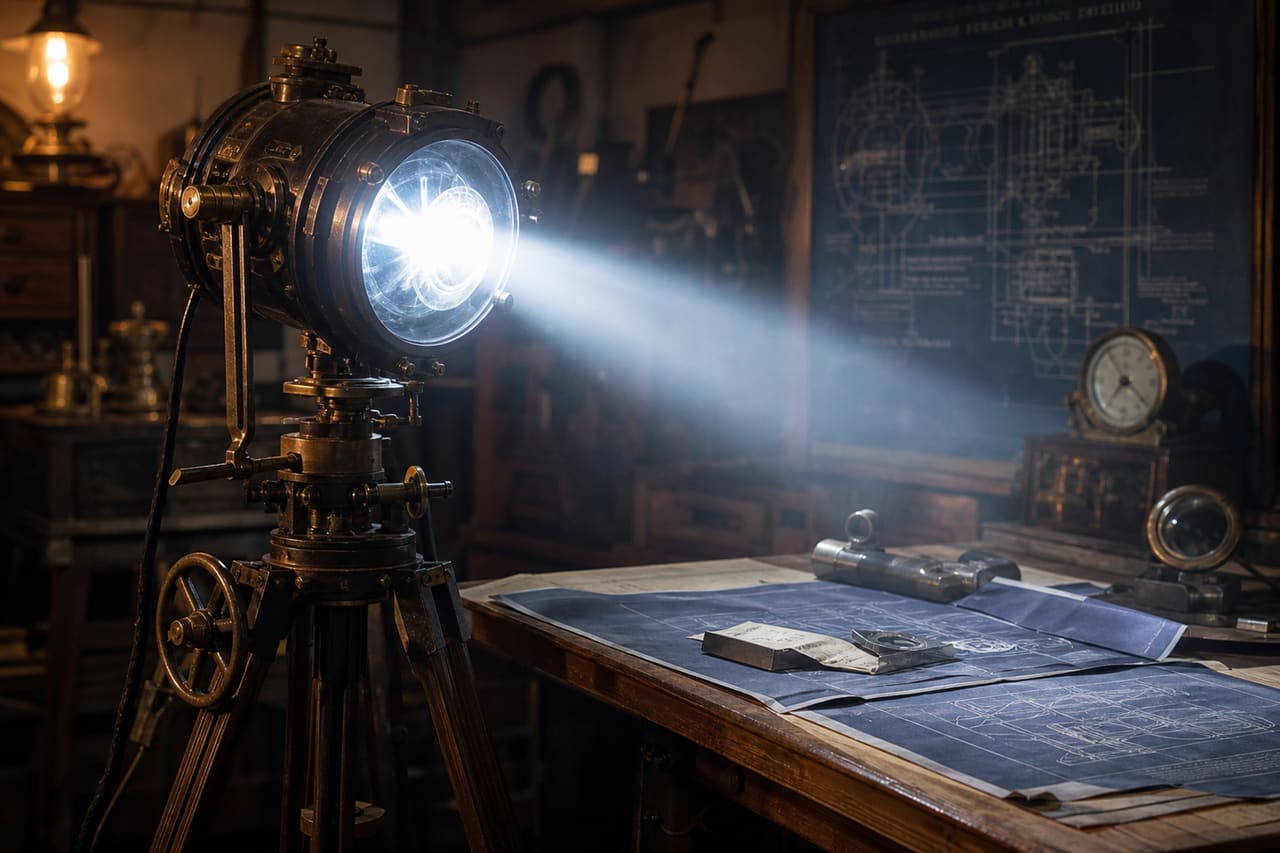 Vintage Arc Light Illuminating Blueprints on a Drafting Table
