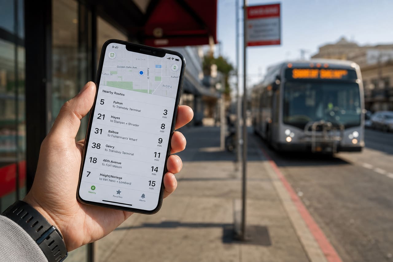 Commuter Checking Digital Bus Schedule at a Transit Stop