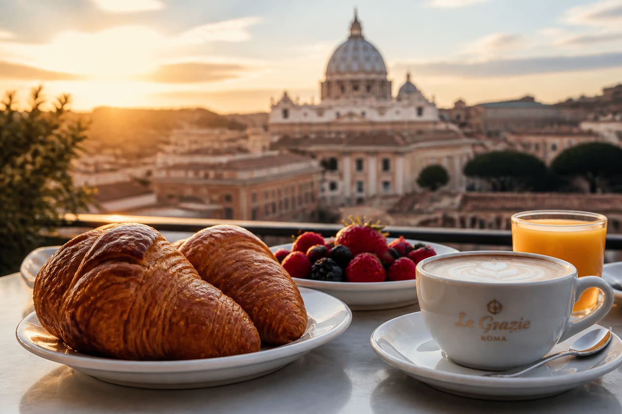 Continental Breakfast Spread on a Balcony Overlooking St. Peter's Basilica