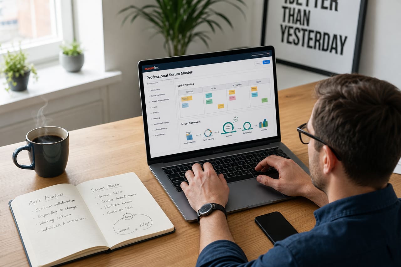 Professional Studying Professional Scrum Master Course on Laptop