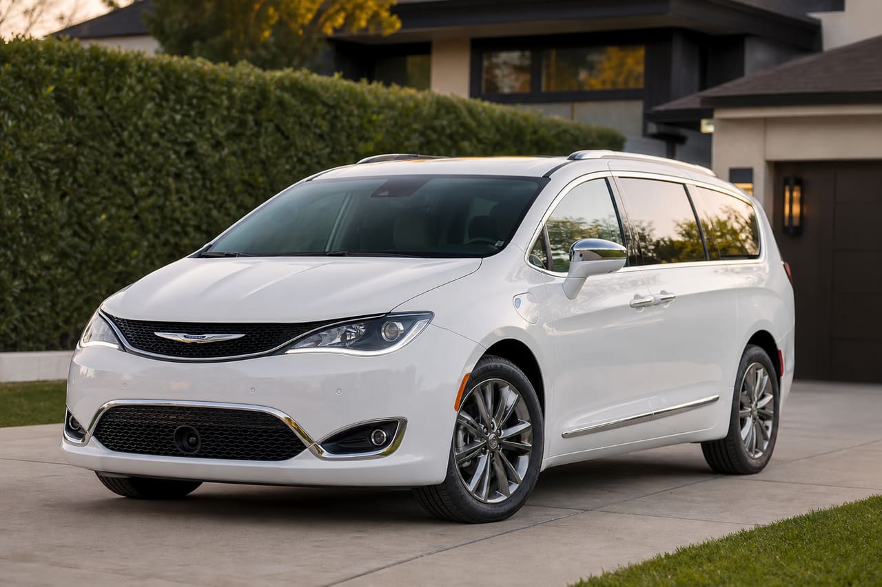 Modern White Chrysler Pacifica Minivan Parked in a Suburban Driveway