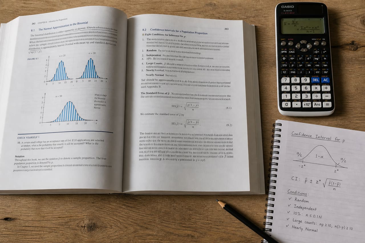 Statistics Textbook and Calculator on a Wooden Study Desk