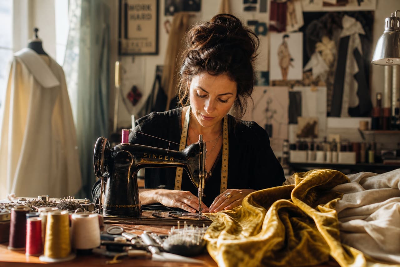 Seamstress Stitching a Garment in a Sunny Studio