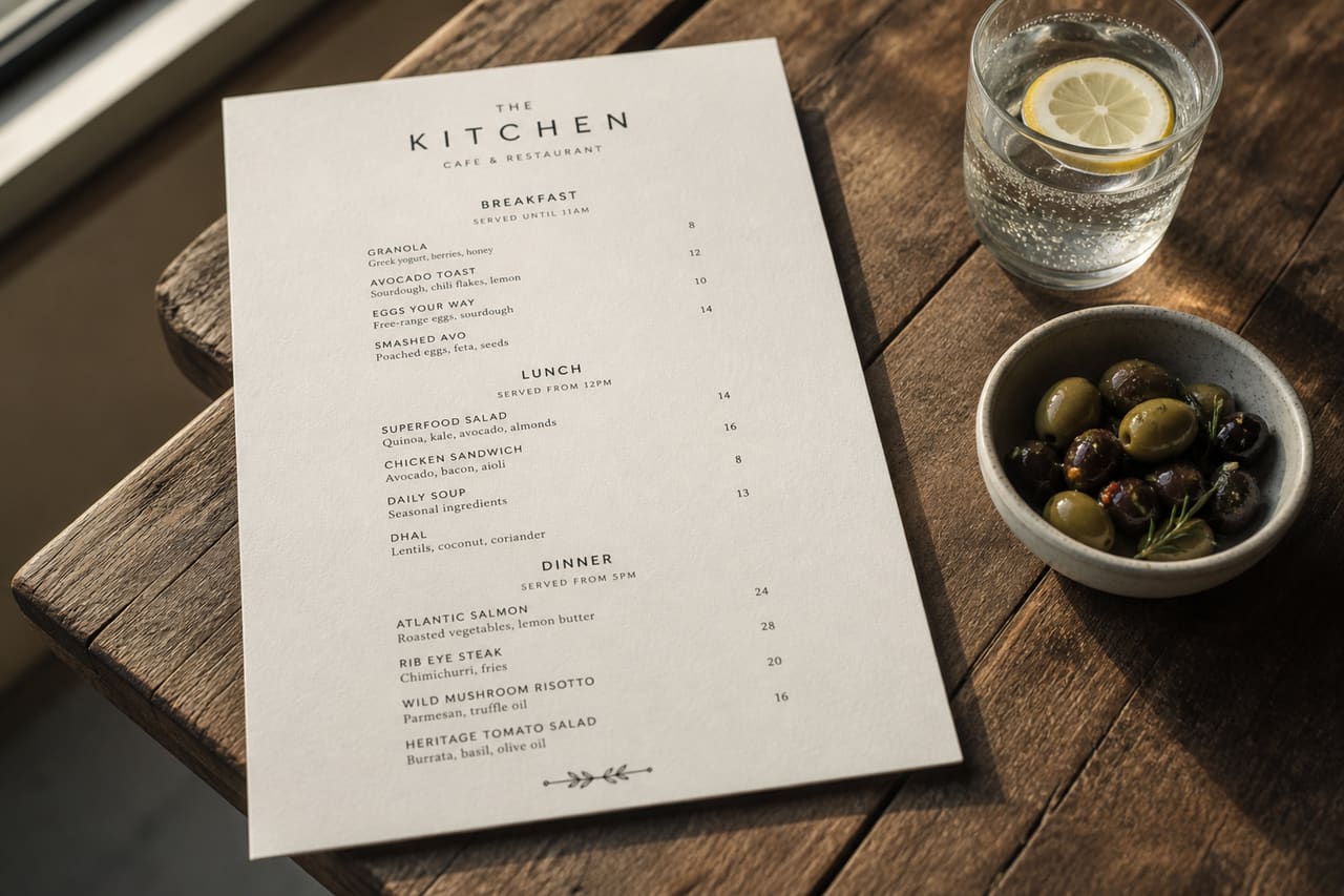 Modern Restaurant Menu on a Rustic Wooden Table