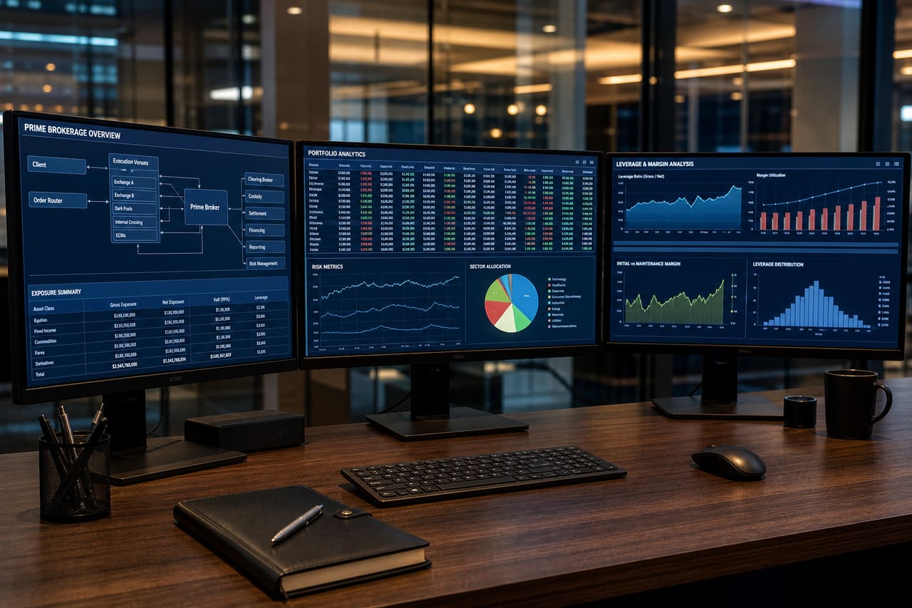 Financial Analyst Reviewing Prime Brokerage Model on Multiple Monitors