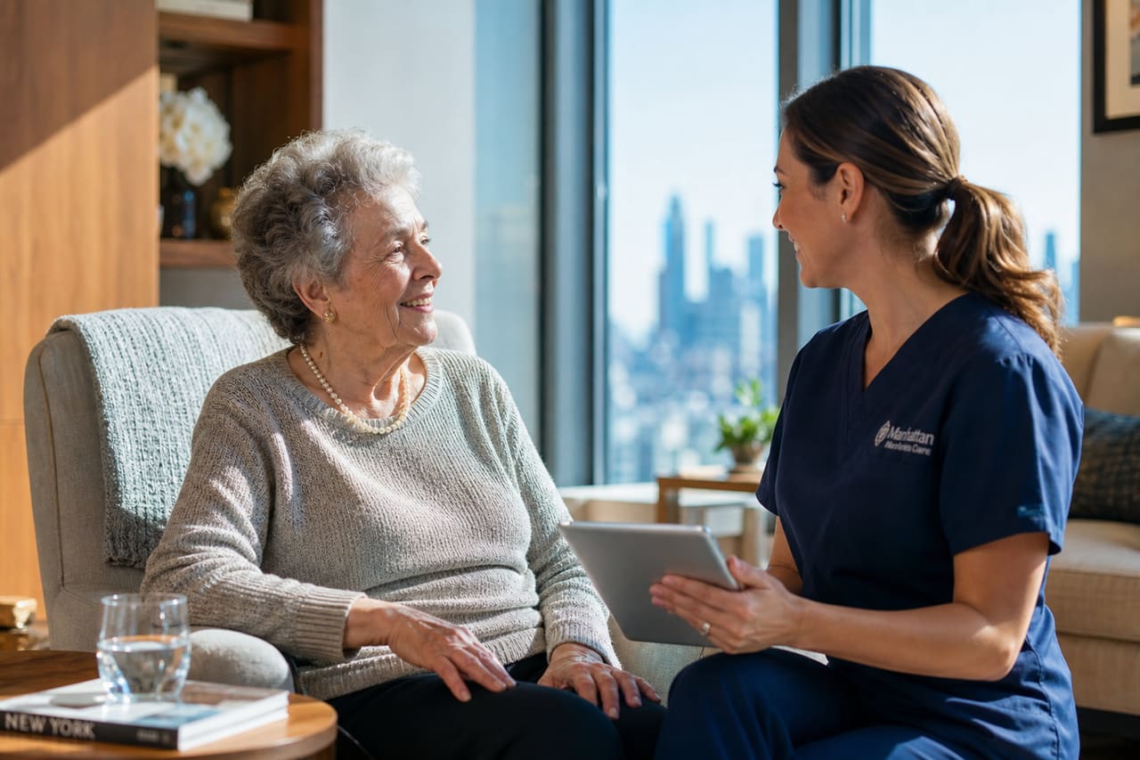 Caregiver Assisting Senior Woman in New York Assisted Living Facility