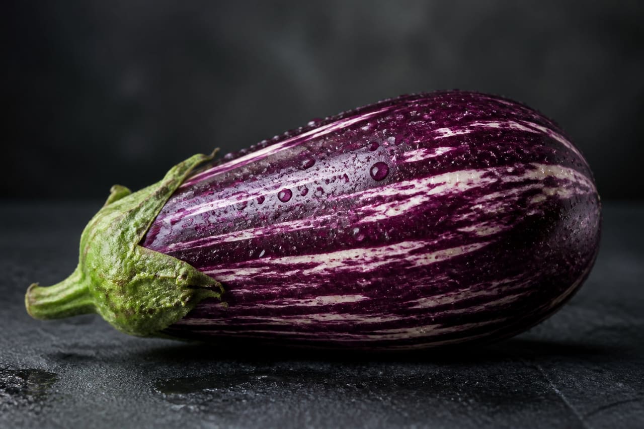 Fresh Pinstripe Eggplant on Dark Slate Surface