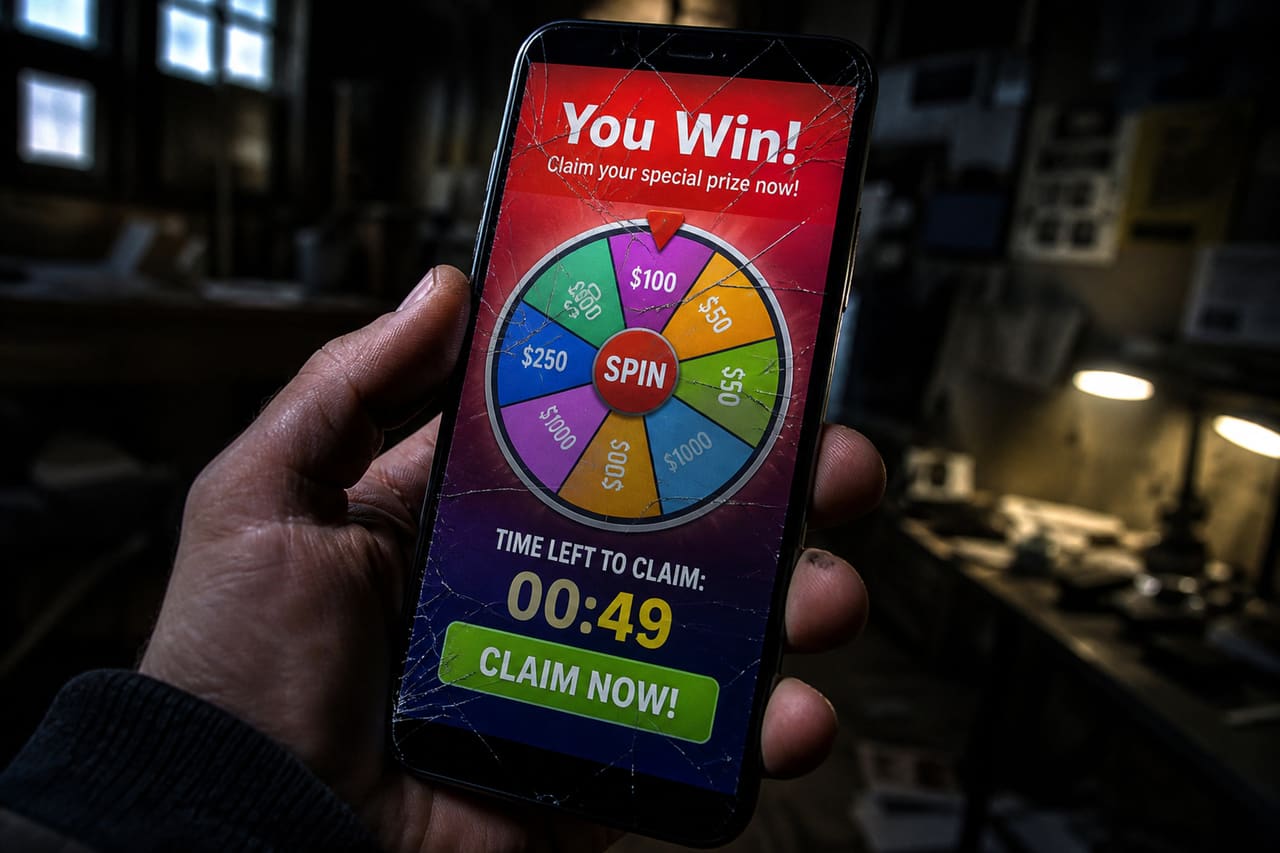 Deceptive Prize Wheel Scam on a Smartphone Screen