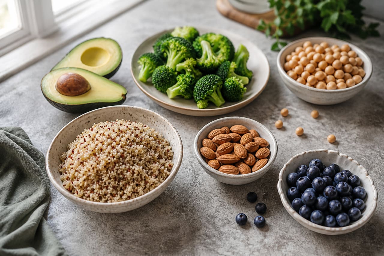 Variety of Low Glycemic Carbohydrate Foods on Stone Countertop