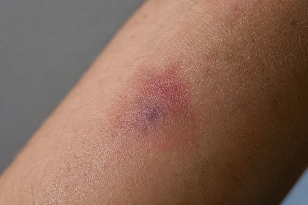 Bruised Skin on Forearm from Scratching an Insect Bite