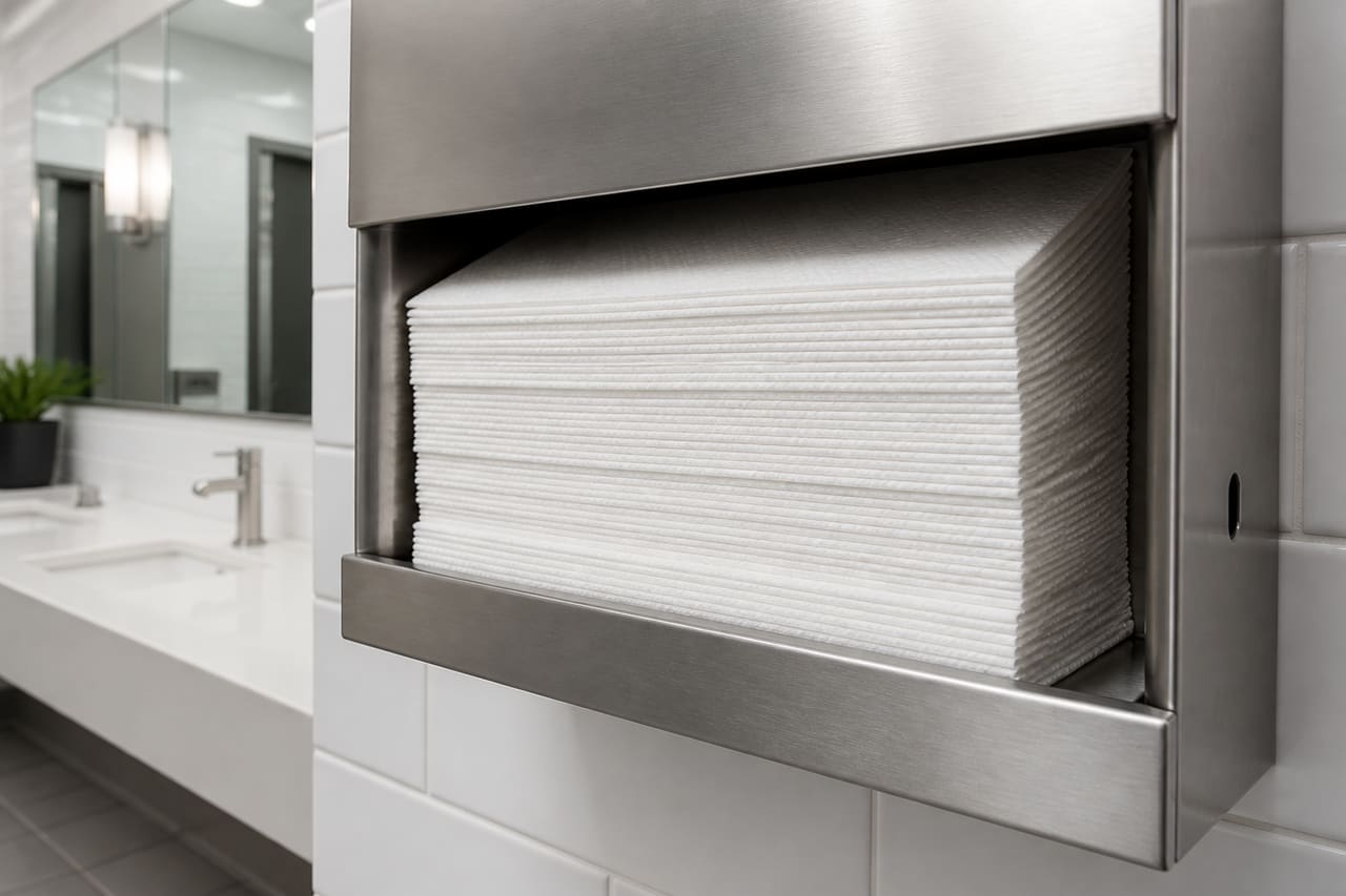 Stack of White C Fold Paper Towels in a Dispenser