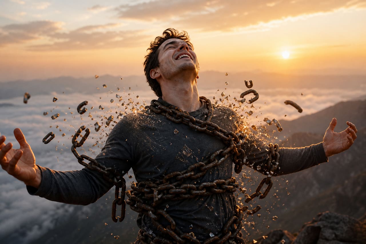 Person Breaking Heavy Chains on a Mountain Peak at Sunrise