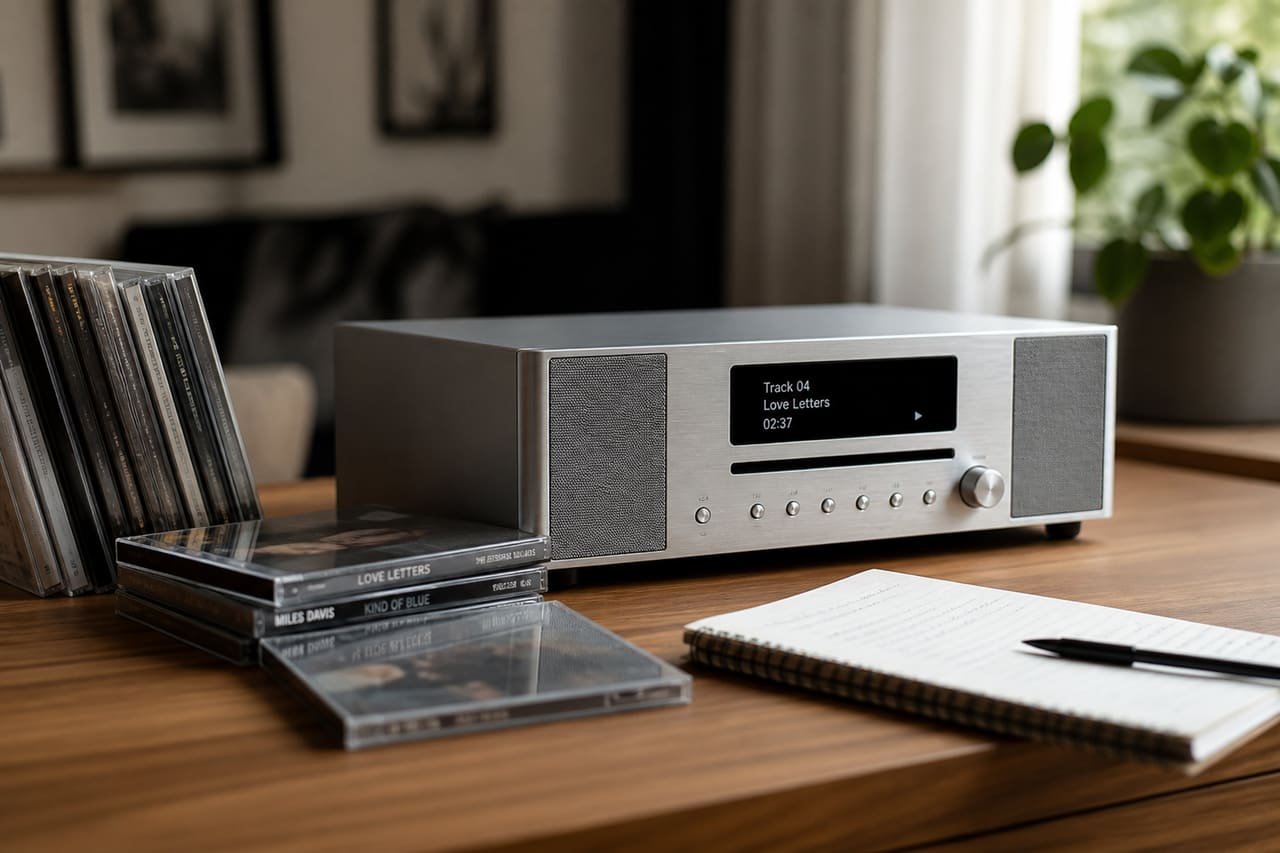 Modern Cd Radio System and Discs on Wooden Table