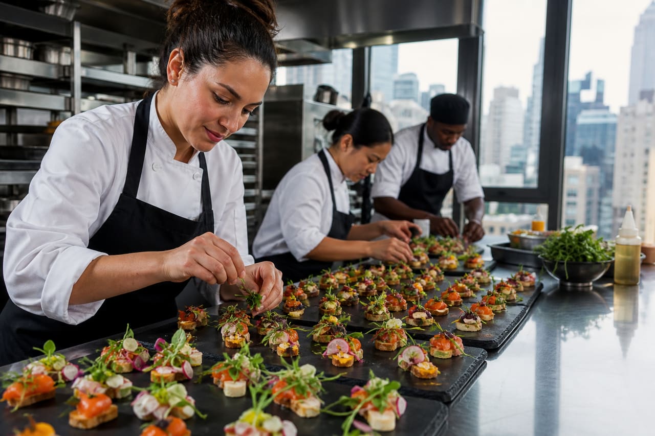 Professional Catering Staff Preparing Platters in a New York City Kitchen