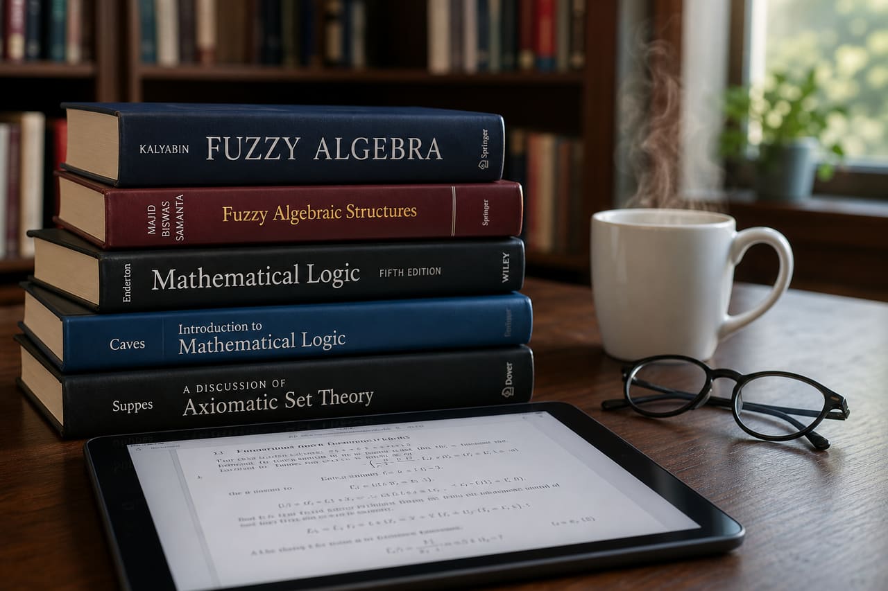 Academic Textbooks on Fuzzy Algebra and Mathematics on a Wooden Desk