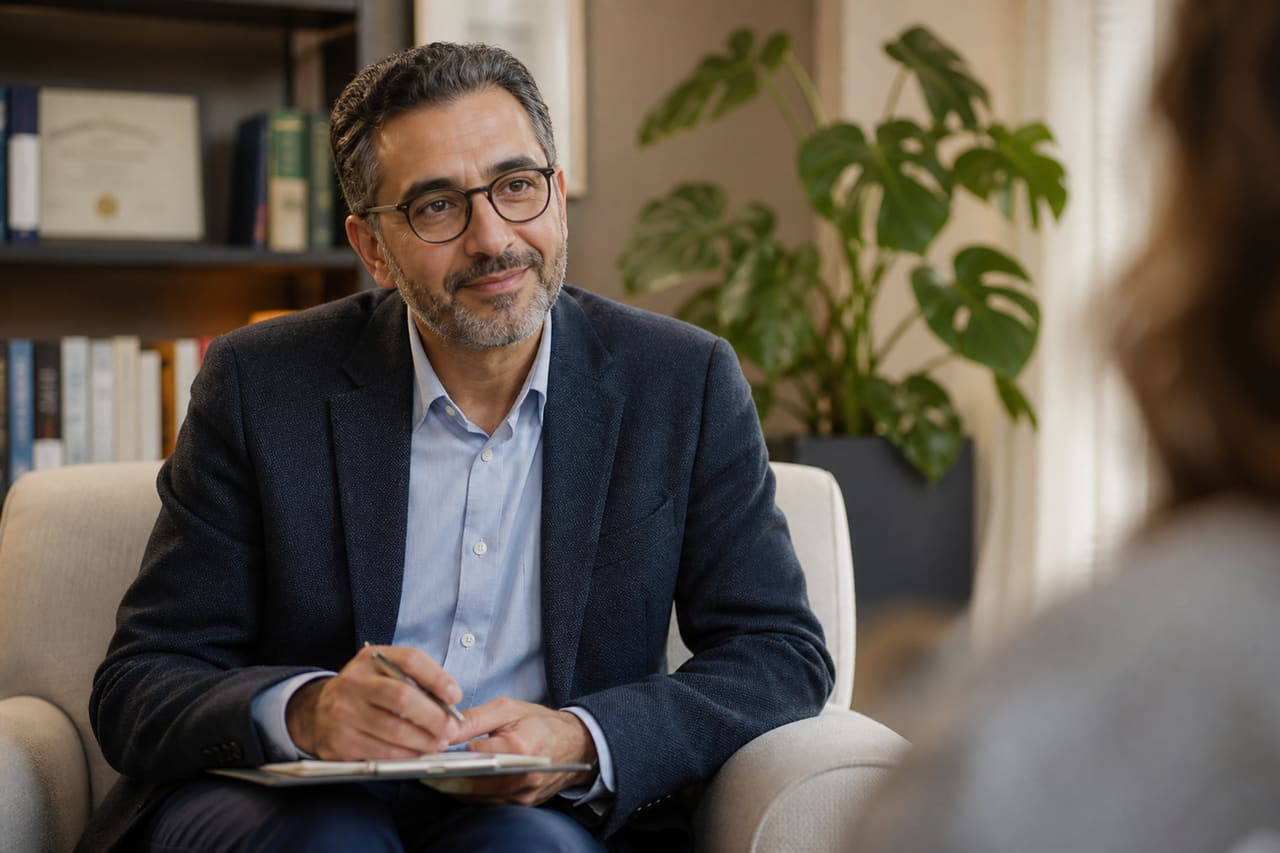 Psychiatrist Dr. Karim Listening in a Modern Consultation Room