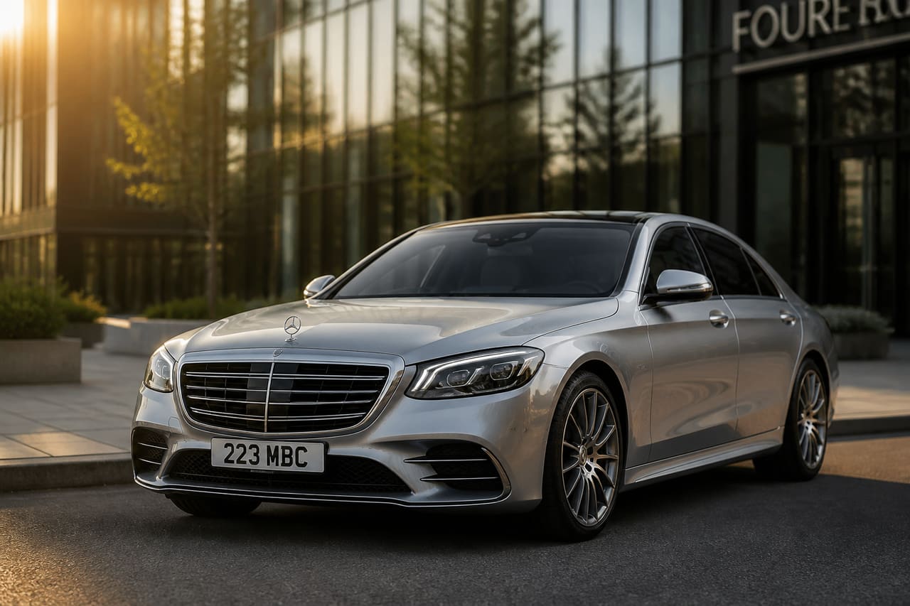 Luxury Silver Sedan Parked in a Modern Urban Setting