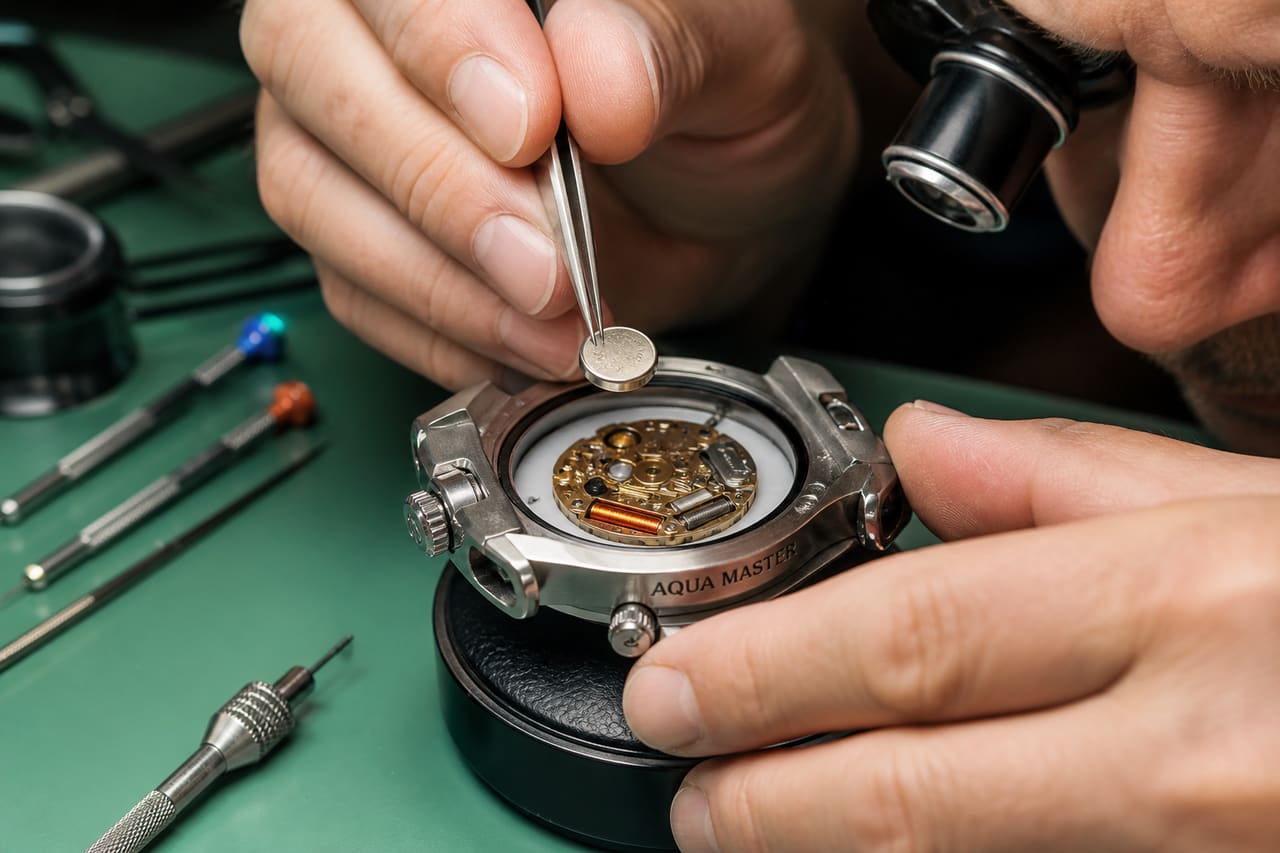 Watchmaker Replacing a Battery in an Aqua Master Watch