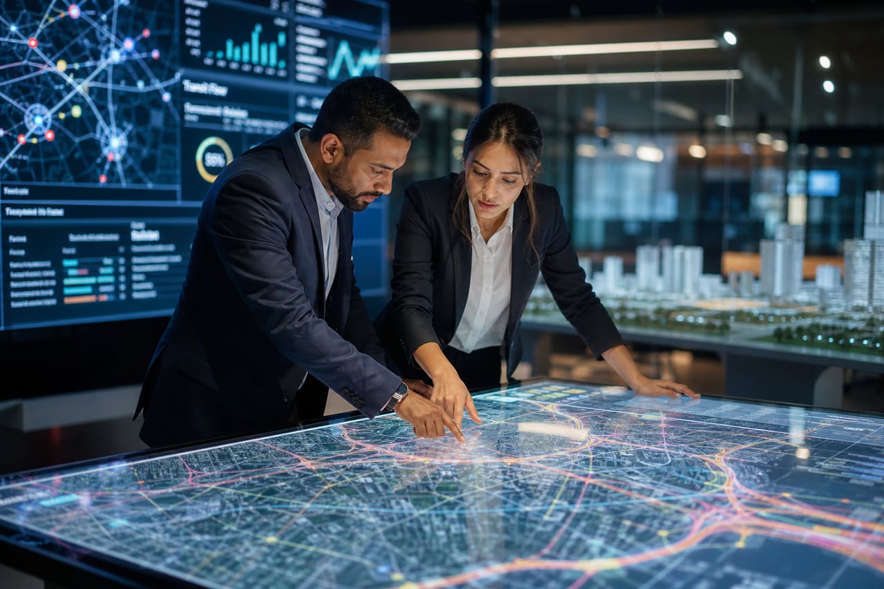Researchers Analyzing Urban Traffic Data in a Transportation Lab