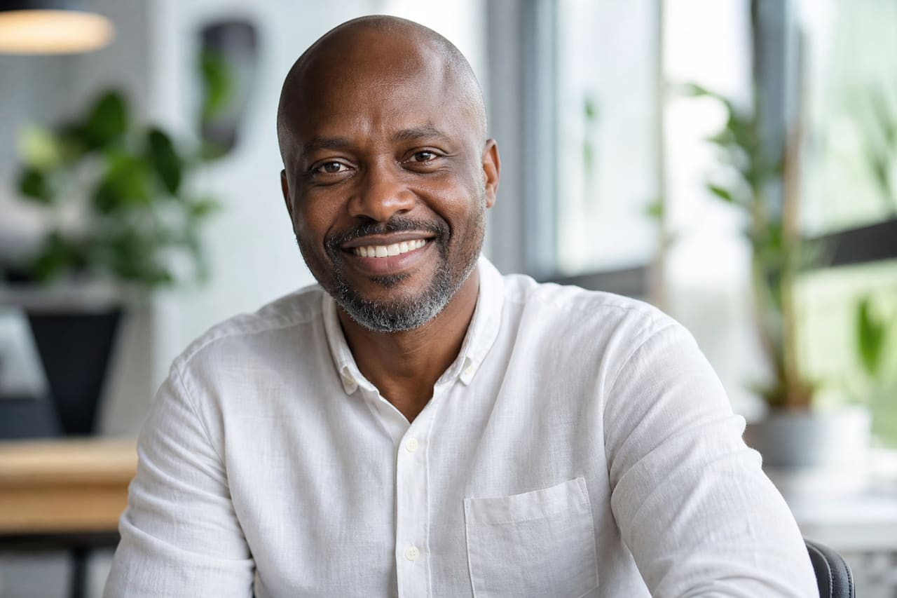 Smiling African Businessman in a Bright Modern Office