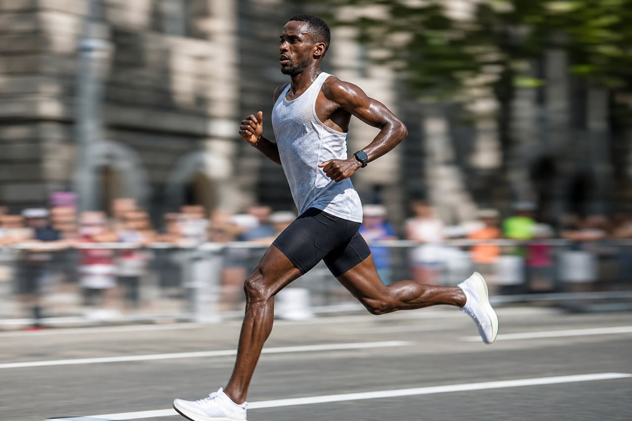 Focused Athlete Sprinting During a City Marathon Race