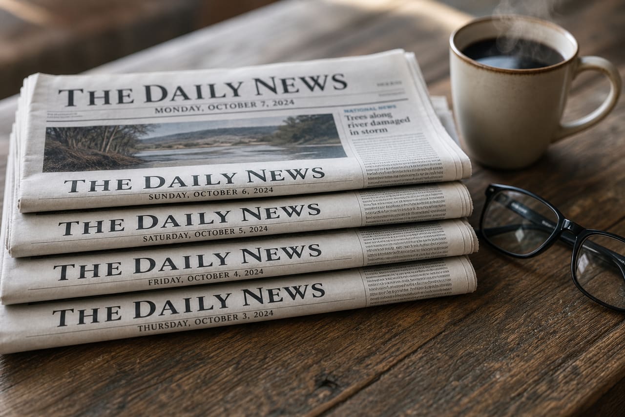 Stack of Daily Newspapers Arranged by Date on a Wooden Table