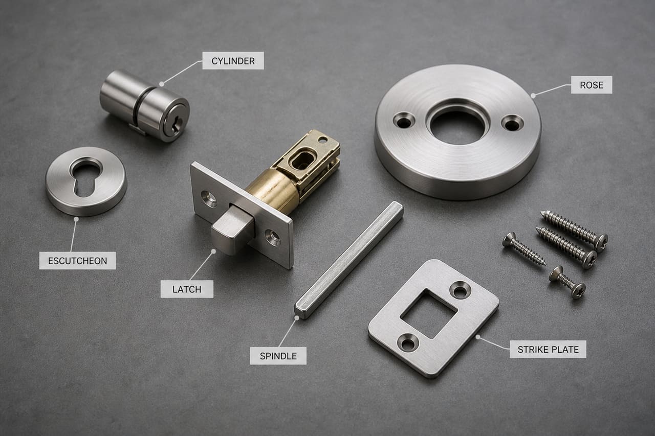 Disassembled Door Lock Components Arranged for Technical Nomenclature