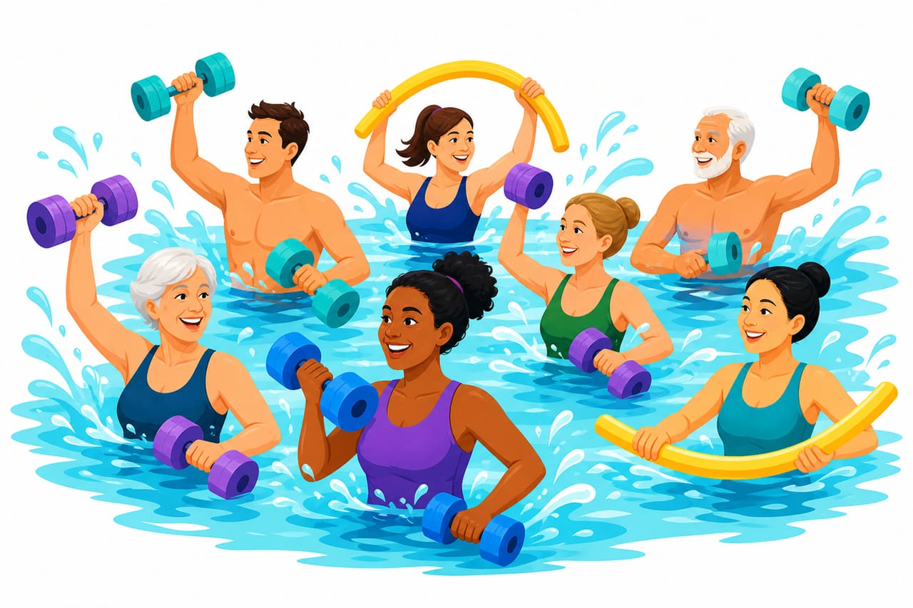 Diverse Group Performing Aqua Aerobics in a Swimming Pool