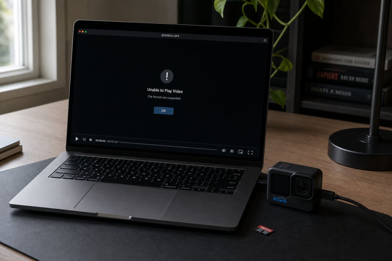 Laptop Displaying Playback Error with Connected Action Camera