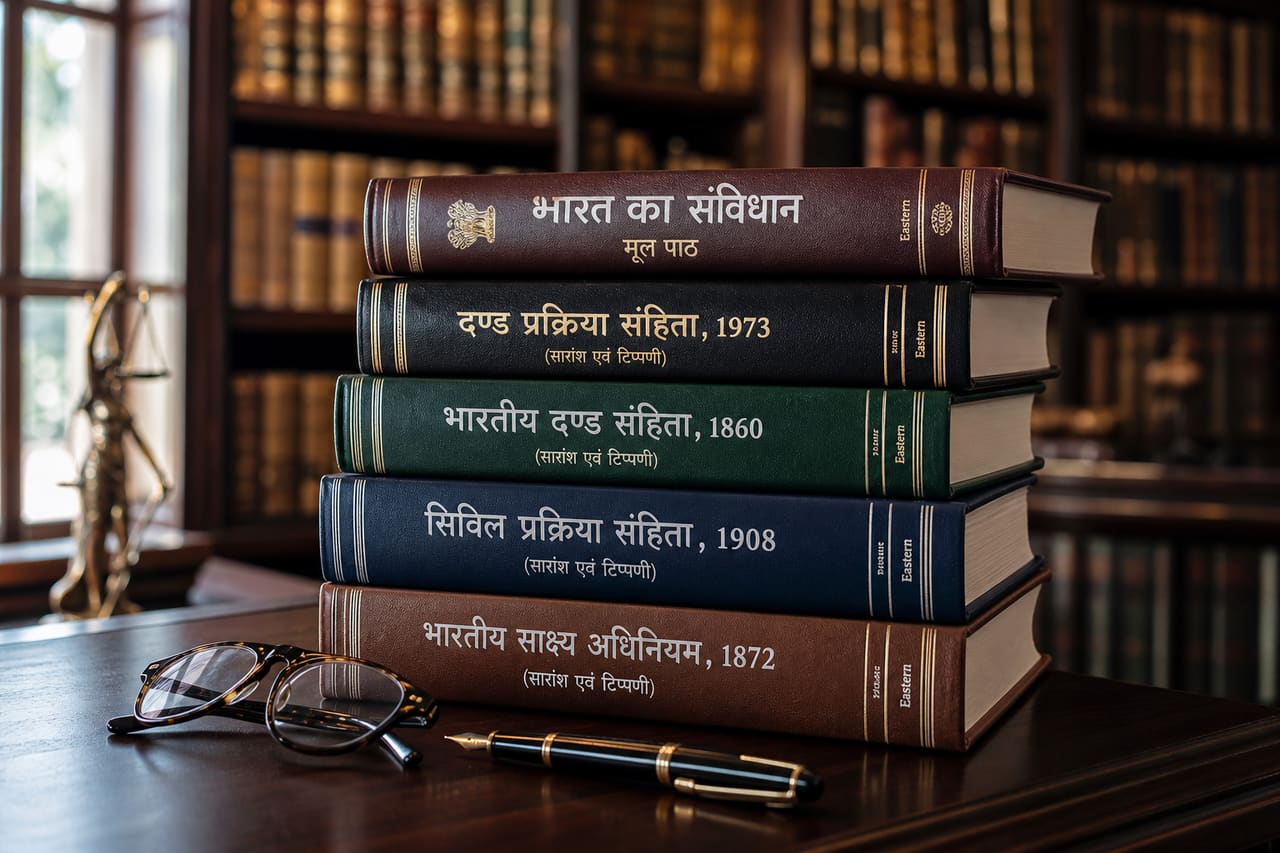 Stack of Indian Law Books Written in Hindi on a Wooden Desk